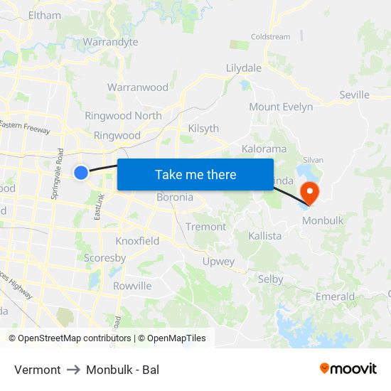 Vermont to Monbulk - Bal map