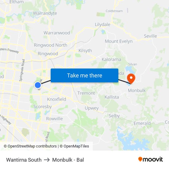 Wantirna South to Monbulk - Bal map