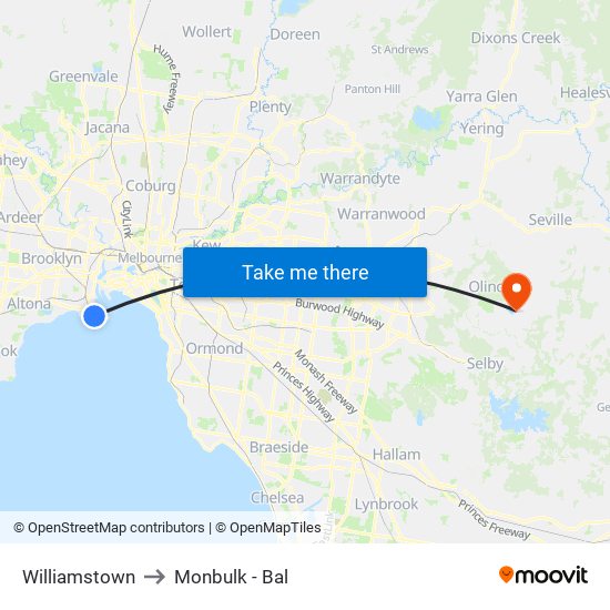 Williamstown to Monbulk - Bal map