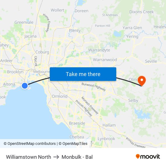 Williamstown North to Monbulk - Bal map