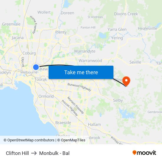 Clifton Hill to Monbulk - Bal map