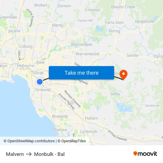 Malvern to Monbulk - Bal map