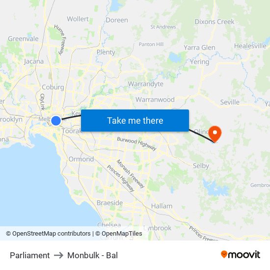 Parliament to Monbulk - Bal map