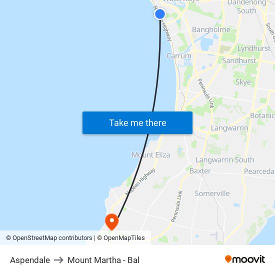 Aspendale to Mount Martha - Bal map