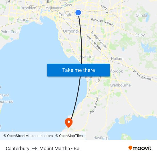 Canterbury to Mount Martha - Bal map