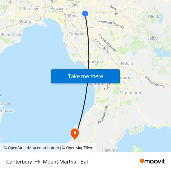 Canterbury to Mount Martha - Bal map