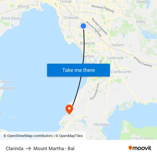 Clarinda to Mount Martha - Bal map