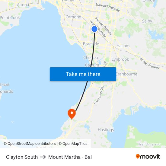 Clayton South to Mount Martha - Bal map