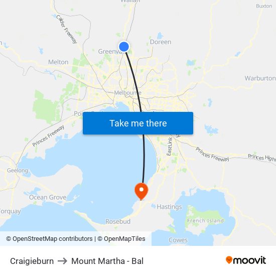 Craigieburn to Mount Martha - Bal map