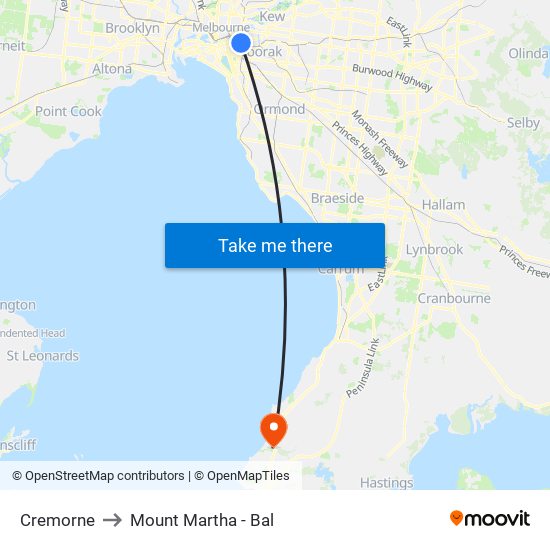 Cremorne to Mount Martha - Bal map