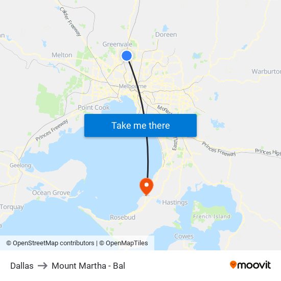 Dallas to Mount Martha - Bal map