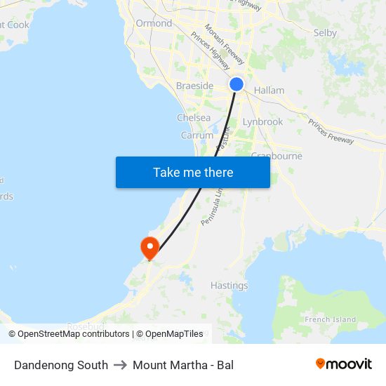 Dandenong South to Mount Martha - Bal map