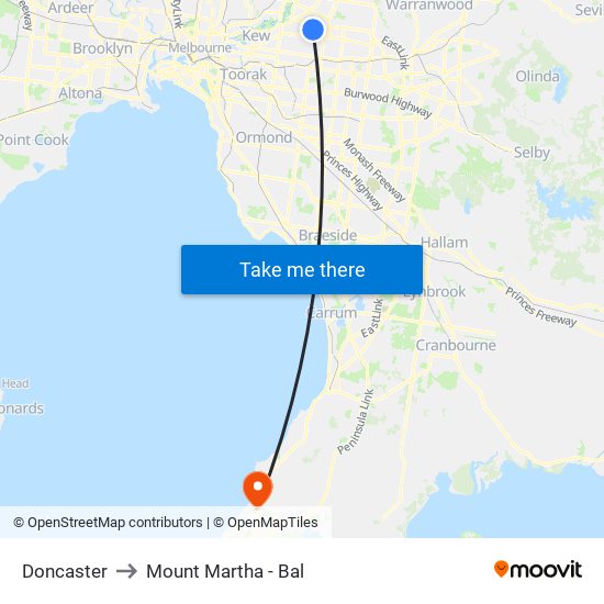 Doncaster to Mount Martha - Bal map