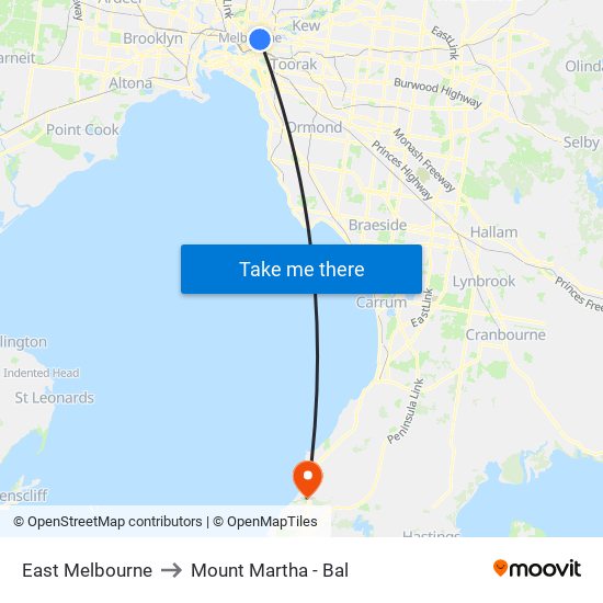 East Melbourne to Mount Martha - Bal map