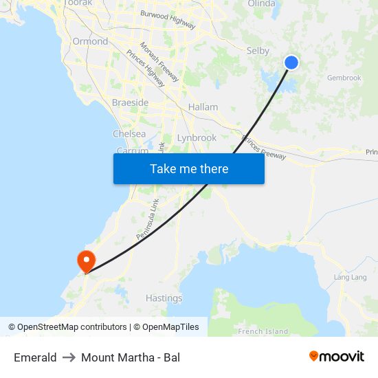 Emerald to Mount Martha - Bal map