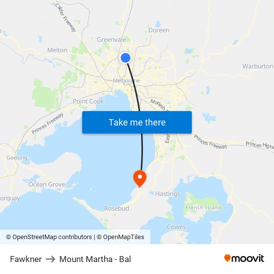 Fawkner to Mount Martha - Bal map