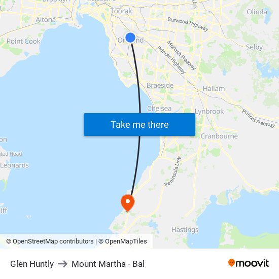 Glen Huntly to Mount Martha - Bal map