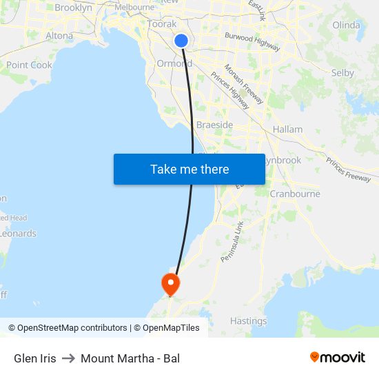 Glen Iris to Mount Martha - Bal map