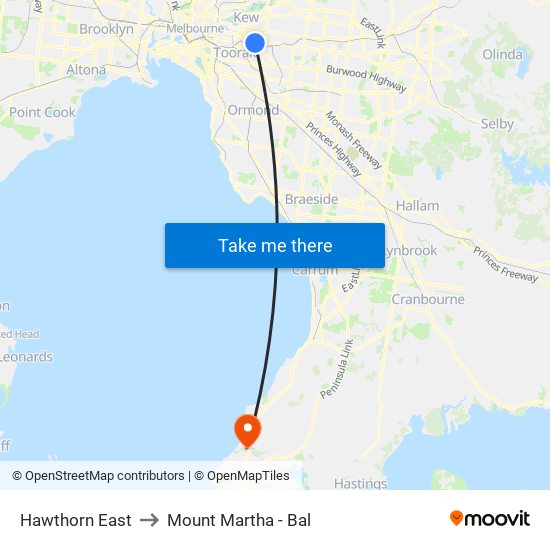 Hawthorn East to Mount Martha - Bal map