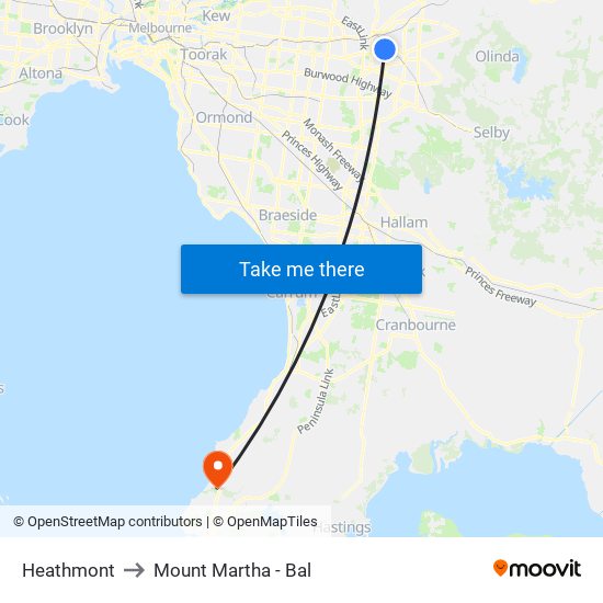 Heathmont to Mount Martha - Bal map