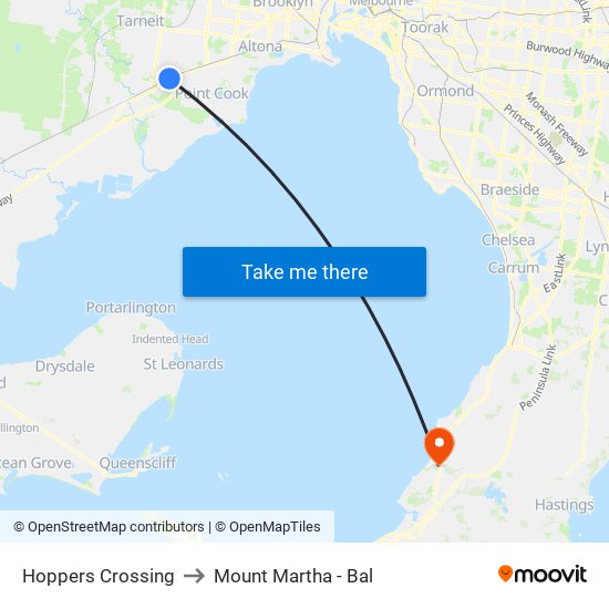 Hoppers Crossing to Mount Martha - Bal map