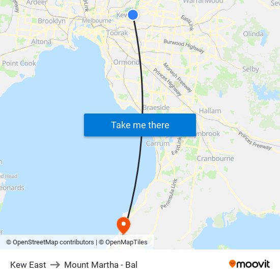 Kew East to Mount Martha - Bal map