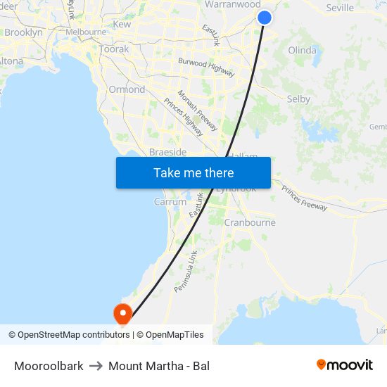 Mooroolbark to Mount Martha - Bal map