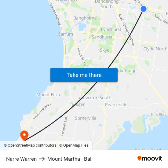 Narre Warren to Mount Martha - Bal map
