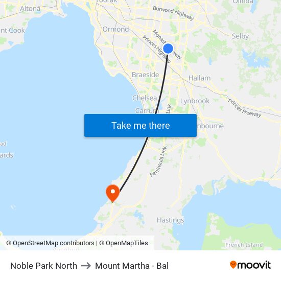 Noble Park North to Mount Martha - Bal map