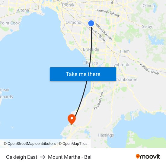 Oakleigh East to Mount Martha - Bal map