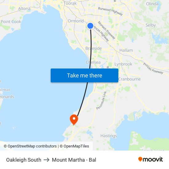 Oakleigh South to Mount Martha - Bal map