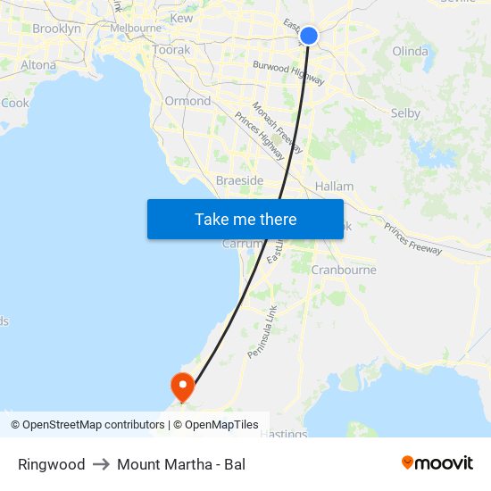 Ringwood to Mount Martha - Bal map