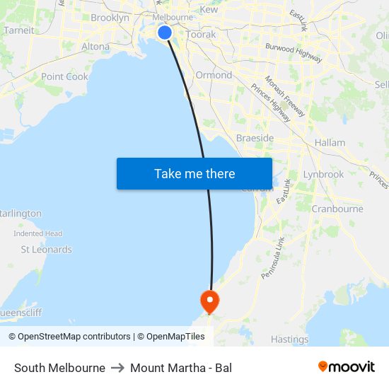 South Melbourne to Mount Martha - Bal map