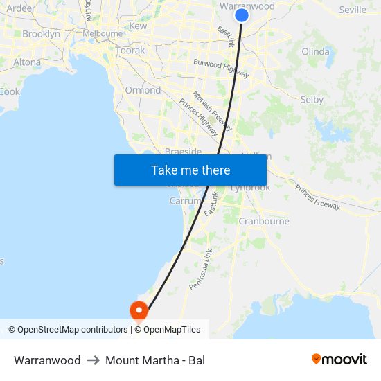 Warranwood to Mount Martha - Bal map