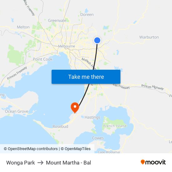 Wonga Park to Mount Martha - Bal map