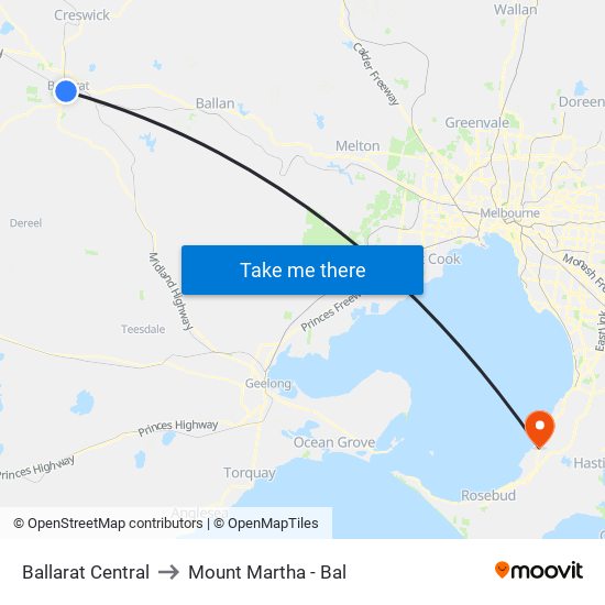 Ballarat Central to Mount Martha - Bal map