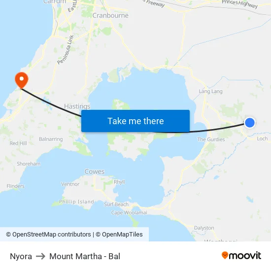 Nyora to Mount Martha - Bal map
