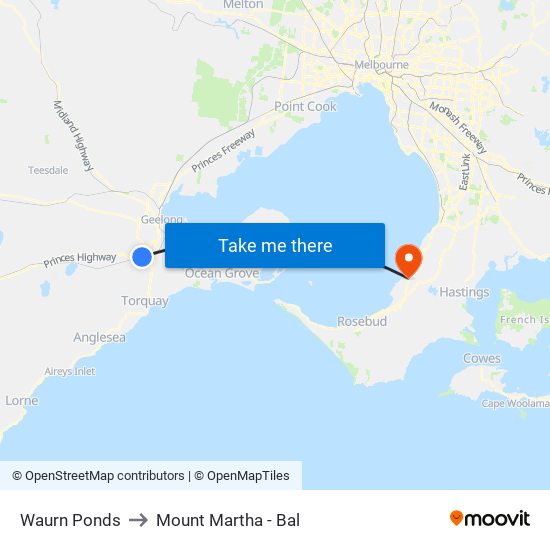 Waurn Ponds to Mount Martha - Bal map