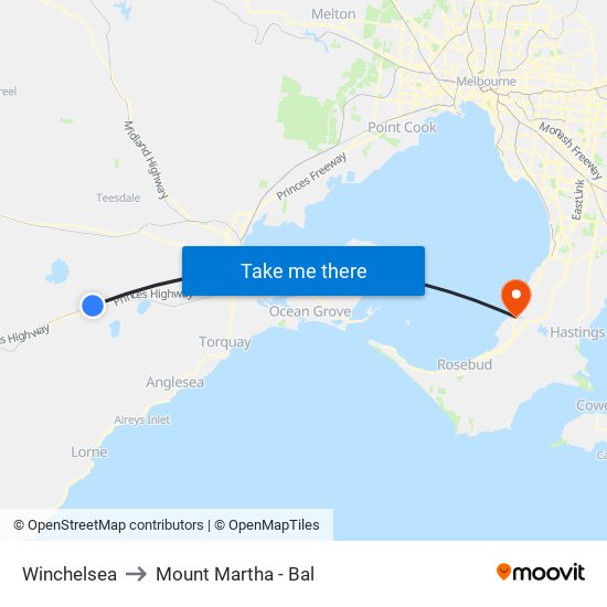 Winchelsea to Mount Martha - Bal map