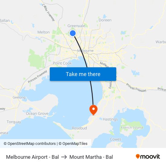 Melbourne Airport - Bal to Mount Martha - Bal map