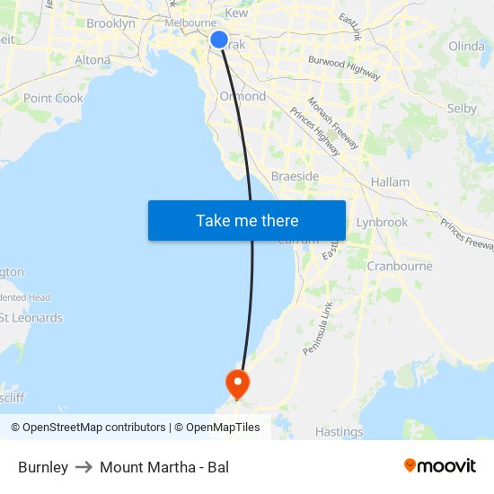 Burnley to Mount Martha - Bal map