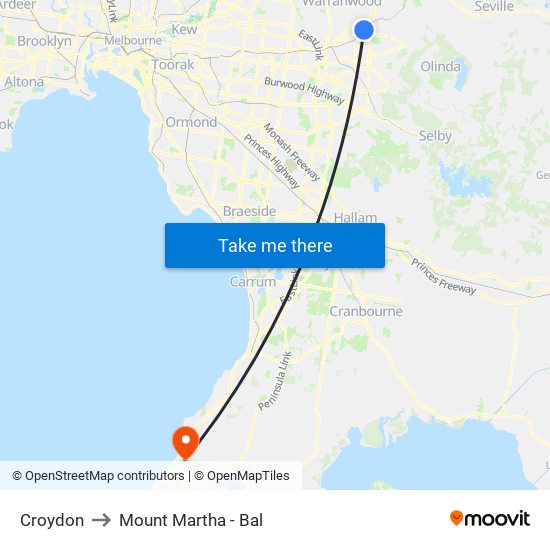 Croydon to Mount Martha - Bal map