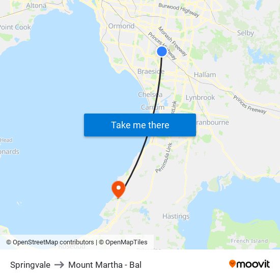 Springvale to Mount Martha - Bal map