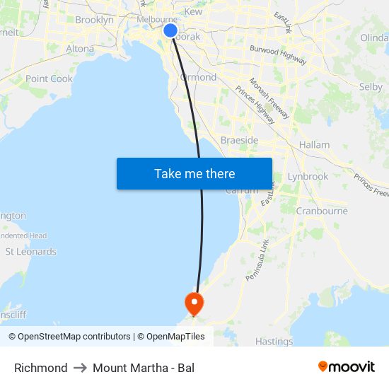 Richmond to Mount Martha - Bal map