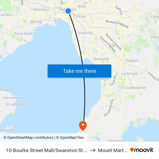 10-Bourke Street Mall/Swanston St (Melbourne City) to Mount Martha - Bal map