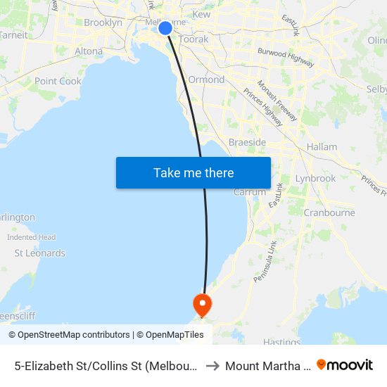 5-Elizabeth St/Collins St (Melbourne City) to Mount Martha - Bal map