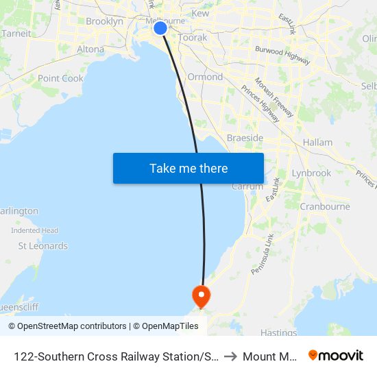 122-Southern Cross Railway Station/Spencer St (Melbourne City) to Mount Martha - Bal map