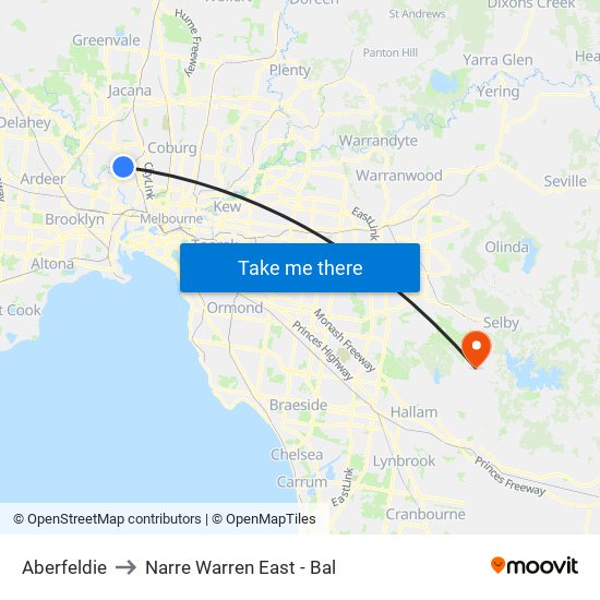 Aberfeldie to Narre Warren East - Bal map