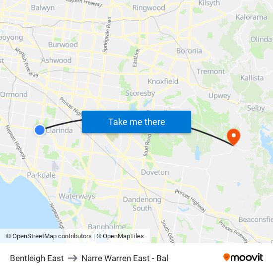 Bentleigh East to Narre Warren East - Bal map