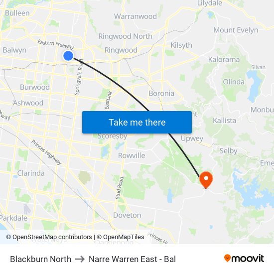 Blackburn North to Narre Warren East - Bal map